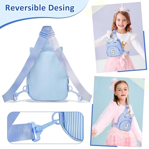 Image of COSHAYSOO Blue Little Girls Purse Unicorn Easter Basket Stuffers 3 4 5 6 7 8 Year Old Girl Birthday Gifts, Kids Crossbody Bag Fanny Pack Spring Break Fashion Cute Essentials Initial Letter B