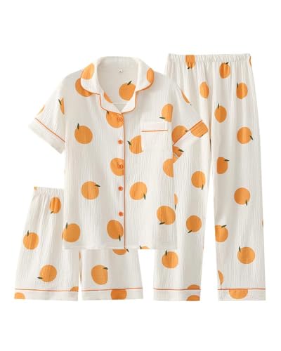 Cotton 3pc Pajama Set with Fruit Print – Short Sleeve Top, Shorts & Long Pants