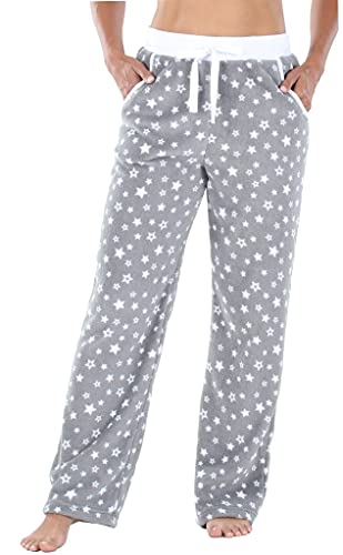 Pajamamania Women's Plush Fleece Pajama Pants With Pockets, Grey And White Stars, Medium #TOP3