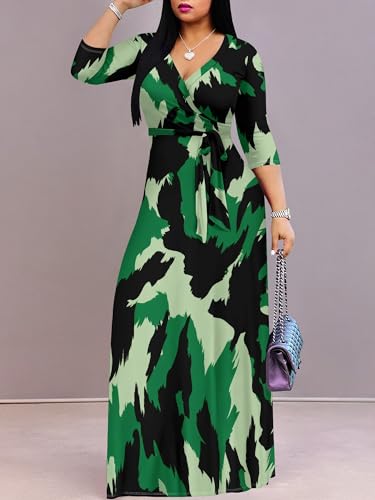Image of Plus Size Dresses for Women Print Maxi Dresses 3 /4 Sleeve with Belt