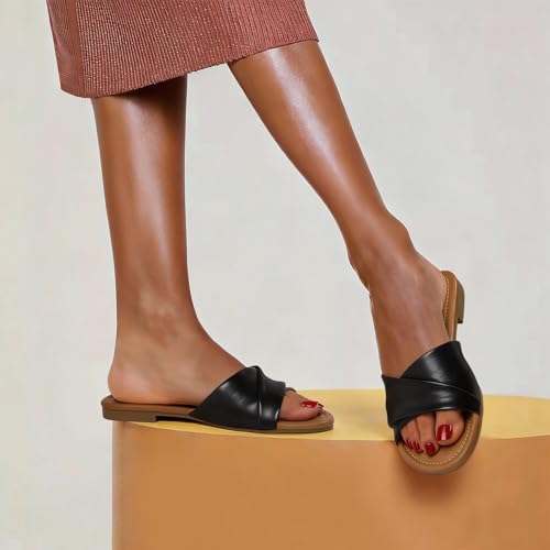 Image of ATHMILE Sandals for Women 2026 Dressy Summer Flat | Comfortable Fashion Beach Cute Ladies Slides Leather Casual Dress Women's Sandals Size 6-11