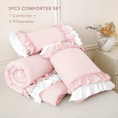 Image of QSH 3PCs Blush White Ruffled Comforter Queen Size,Farmhouse Shabby Boho Chic Ruffle Bedding Comforter Set Queen French Country Vintage Rustic Comforter Set Lightweight Soft Microfiber Fluffy Bedding