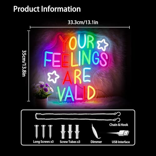 Image of Neon Sign for Wall Decor Dimmable Your Feelings Are Valid Neon Sign Led Neon Lights Light Up Signs for Room Gift Decoration USB Powered
