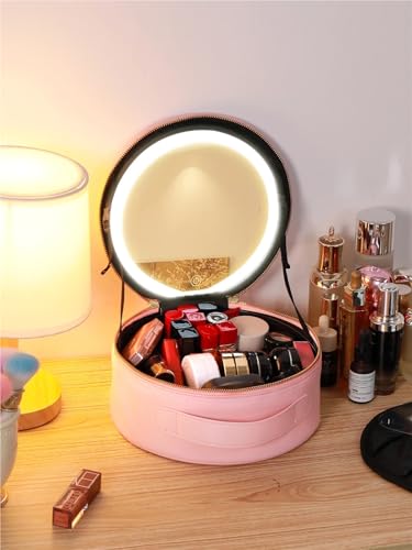 Makeup Bag with Mirror Travel PU Makeup Bag with Led Mirror, Portable Cosmetic Bag with Mirror, Travel Rechargeable Makeup Bag with Led Lights(Pink)4