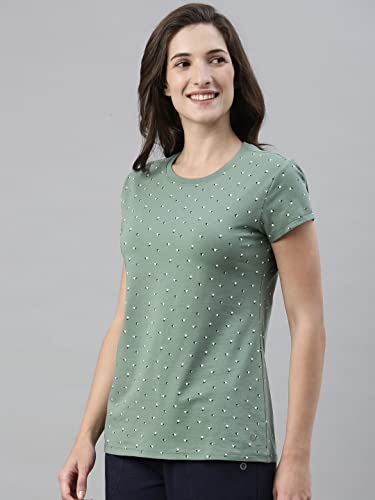Image of Enamor Essentials Women's Slim Fit Regular Length Short Sleeve Crew Neck Comfortable and Stylish Breathable Stretch Cotton Tee - E247(E247-Fern Green Triangle Aop-L)