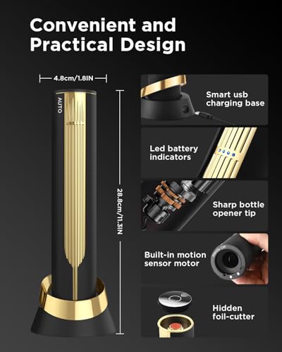 Image of Newise Rechargeable Electric Wine Bottle Opener with Charging Base & Foil Cutter, Luxury Wine Lovers Gifts for Women Men - Gold & Black