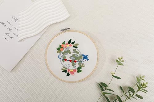 Image of Looples Embroidery Kit for Beginners and Adults with Video Tutorials - Complete Embroidery Starter Kit with 3 Stamped Floral Patterns, Hoops, Threads, Needles, and Instructions (Car, Globe and Camera)