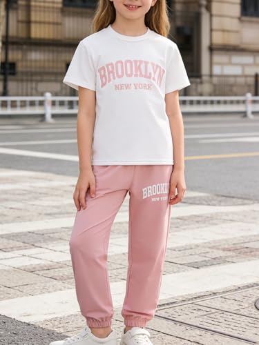 Image of Girls 6 Piece Outfits Casual Cargo Jogger Pants and Basic Love Graphic Print Short Sleeve Top Set 4-12 Years