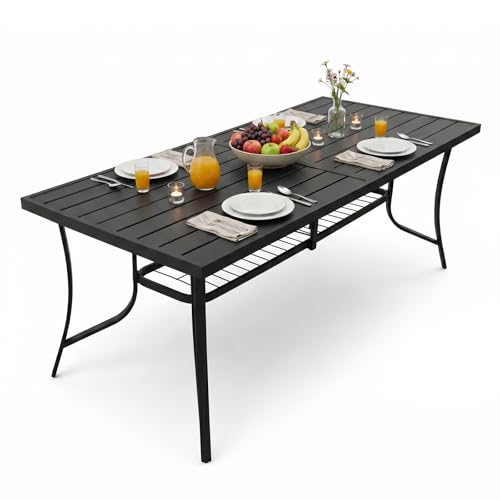 VOYSIGN 77" Extra Large Outdoor Metal Dining Table, Rectangular Wrought Iron Patio Table for 8 People, Weather-Resistant Steel Slatted Table with Umbrella Hole for Party & Backyard