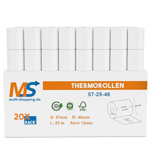 Kassenrollen/Thermorollen/Bonrollen 57mm x 25m x 12mm Bpa frei für alle gängigen Thermo Kassen-Bondrucker B: 57mm x L: 25m Ø45mm (20)