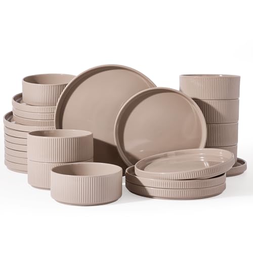 Image of Famiware Stoneware Dinnerware Set for 8, Rimmed Plates, Bowls, Brown Dishes