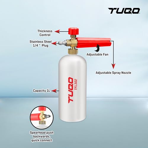 Image of TUQO Heavy Duty Adjustable Foam Lance 1L Bottle with Brass Nozzle & 1 Brass Quick Connector | Professional Series for Pressure Washers | High Foaming Car Wash Pack- TFL302
