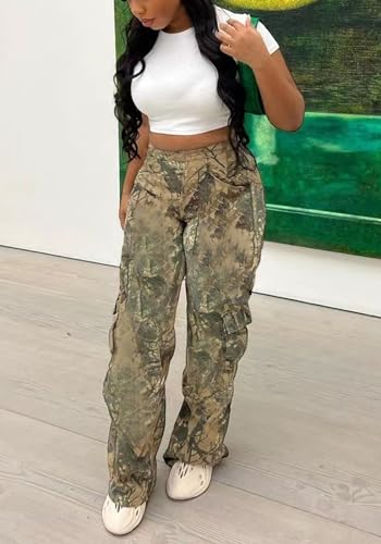 Famnbro Camo Pants Women Mid Waist Straight Leg Baggy Camouflage Cargo Pants Streetwear Trousers4