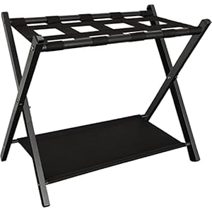 Queension Folding Luggage Rack Stand with Shelf for Guest Room, Foldable Metal Suitcase Storage Caddy Holder for Bedroom Hotel Essentials, Black, 1pack