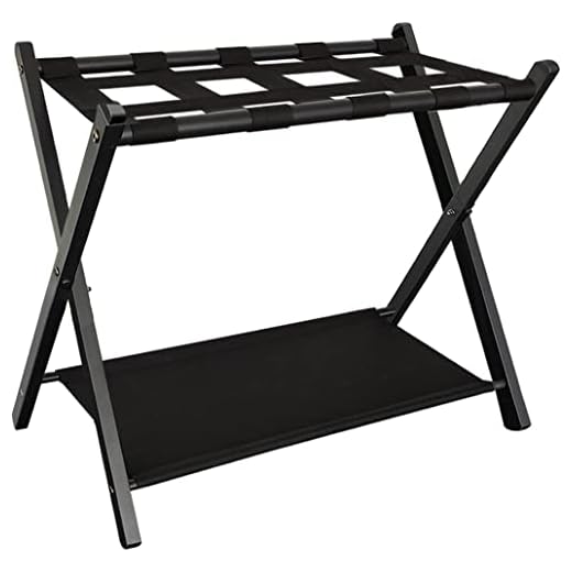 Queension Folding Luggage Rack Stand with Shelf for Guest Room, Foldable Metal Suitcase Storage Caddy Holder for Bedroom Hotel Essentials, Black, 1pack