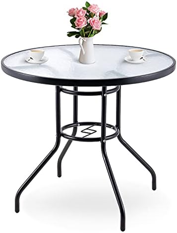 BENAROME Outdoor Glass Patio Table, 32 Inch Round Bistro Table with Umbrella Hole, Outdoor Dining Table with Metal Frame Tempered Glass Top for Backyard Lawn Balcony Pool (32Inch)