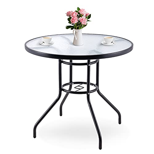 Benarome Outdoor Glass Patio Table, 32 Inch Round Bistro Table With Umbrella Hole, Outdoor Dining Table With Metal Frame Tempered Glass Top For Backyard Lawn Balcony Pool (32Inch) #TOP21
