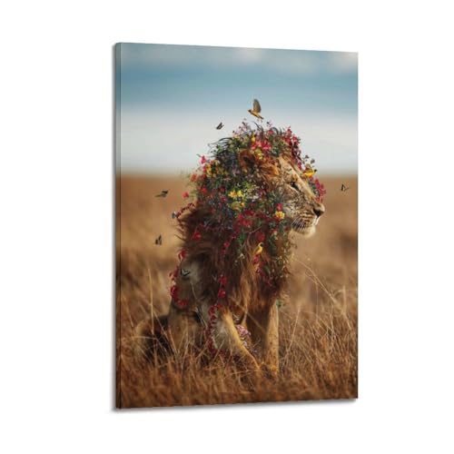 Poster lion mâle avec fleurs déco murale 30x45cm style avec cadre