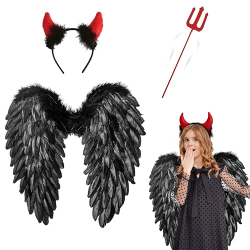 Yi'antai Noir Ailes d'ange, Ailes d'ange avec Halo Bâton,Ailes d'ange Plumes,Costume d'ailes d'ange,Diable Costume Femme Ange Costum,Carnaval Déguisement...