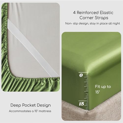 Image of MR&HM Satin Bed Sheets, Queen Size Sheets Set, 4 Pcs Silky Bedding Set with 15 Inches Deep Pocket for Mattress (Queen, Sage)