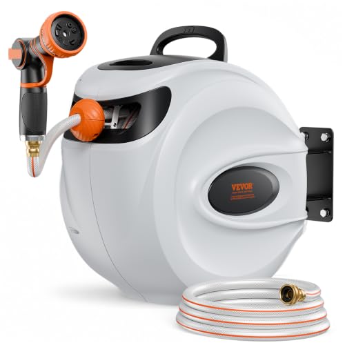 VEVOR Retractable Hose Reel 100 ft x 1/2 inch Garden Water Hose Reel with 9-Pattern Nozzle 180 Swivel Bracket Wall-Mounted Automatic Rewind Lock at Any Length with Slow Return System
