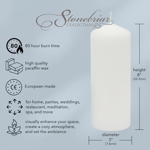 Image of Stonebriar 3 Pack Tall 3 x 8 Inch 80 Hour Long Burning Unscented White Wax Pillar Candles