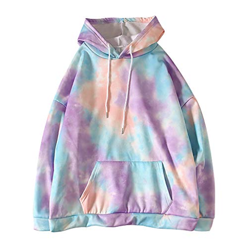 Womens Long Sleeve Tops,Womens Tie Dye Waffle Knit Long Sleeve Shirts Hooded Puff Loose Tops Sweatshirts Drawstring Blue