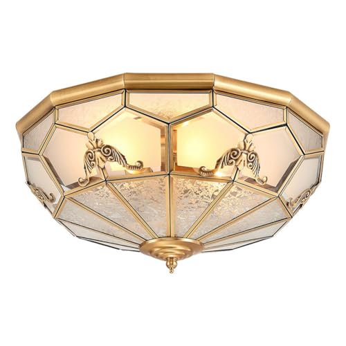 LOGT Messing Deckenleuchte Glas Lampenschirm Tiffany Deckenlampe Modern Mediterranen Decken Beleuchtung Runde Halbbündig Montierte Deckenlicht Innen Gold für Küche Wohnzimmer Schlafzimmer Flur