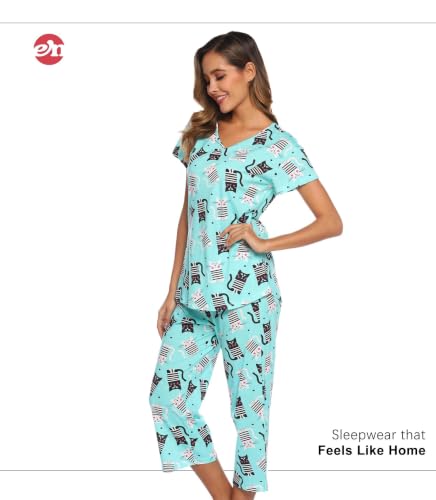 Image of ENJOYNIGHT Womens Pajama Sets Cotton Pj Set Short Sleeve Top With Capri Pants Sleepwear 2 Piece Lounge Set