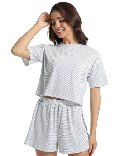 Image of Split Short Pajama Set Soft Women's Striped Pajama Sleeve Tee & Elastic Waist Shorts Lounge Sleepwear Gray