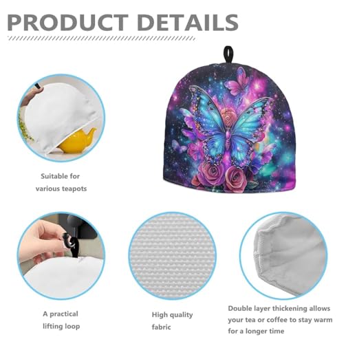 Image of Rose Flower Butterfly Vintage Decorative Tea Cosy Insulated Tea Cozies for Teapot Breakfast Warmer Kettle Cover Home Kitchen Accessory