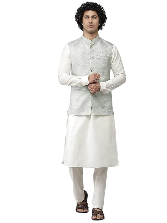 Men Aqua Blue & White Solid Kurta Pyjamas With Nehru jacket-image-9