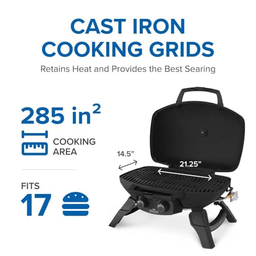 Image of Napoleon TravelQ 285 Portable Propane Gas Grill with Griddle, Red, 2 Burners, Tailgating, Camping, and Small Outdoor Spaces