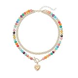ALFISO Layered Necklaces for Women, 14K Gold Plated Heart Pendant & Colorful Acrylic Beaded Choker, Cute Trendy Jewelry, Anti-Tangle Single Clasp Design, Summer Beach Boho Necklace for Women