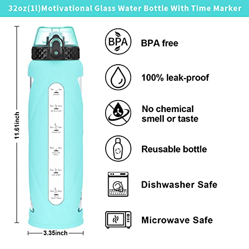 32Oz Glass Water Bottles With Straw And Flip Lid, Motivational Water Bottles With Time Marker Reminder And Silicone Sleeve, Leakproof, Bpa Free (Green Sleeve) #TOP4