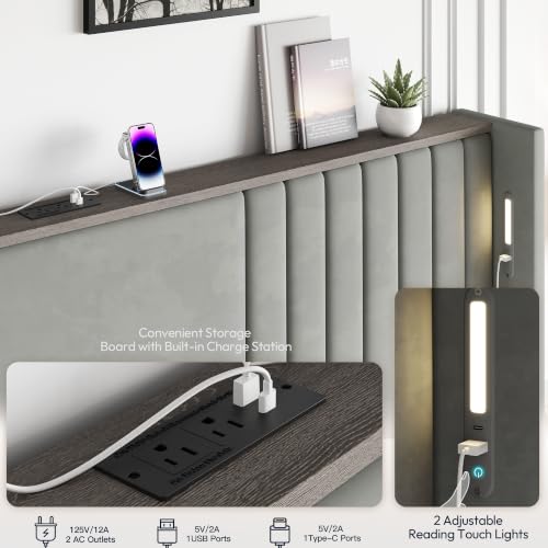 Image of King Size Bed Frame with 55.1 inch Tall Headboard, Velvet Upholstered Platform Bed with Channel Tufted Wingback, 2 Reading Lights /Storage Shelf /Charging Station /Easy Assembly /Noise-Free, Grey