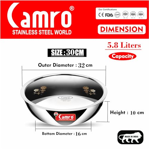 Image of Camro Triply Artisian Tasla 5.8 Liters, 30 Cm with Steel Lid | Stainless Steel Induction Friendly | 3-Layer Body, Dishwasher Safe | 6 Years Warranty