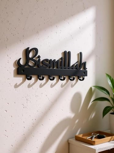 Image of Ventuos Bismillah Islamic Metal Key Holder Wall Hanging | 1.2 mm Thick Mild Steel | Decorative Entrance Key Stand | Home & Office Wall Decor | Black