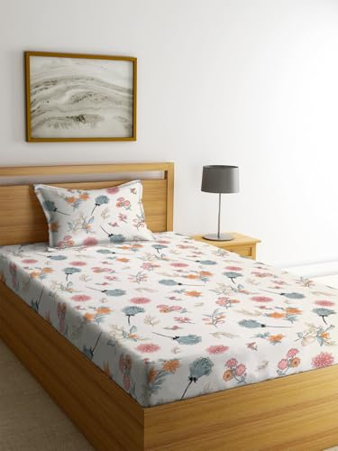 Image of NHD HOME Premium Glace Cotton 180 TC Flat Single Bedsheets Breathable | Wrinklefree (Size-60 X 90 Inch) with 1 King Size Pillow Covers (Size-17 X 27 Inches (Cream Flower)