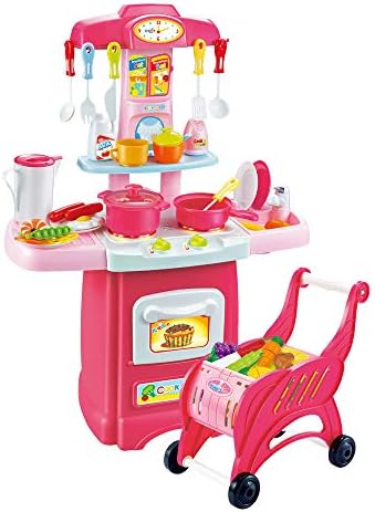 Children's Toys Electronic Kitchen Set, Kids Kitchen Playset and Shopping Cart Chess Set Kitchen Cooking Set Toddler Gift Toy/Lights Sound (Multicolor, 55x13x39cm / 21.65x5.11x15.35in)