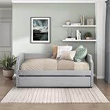 Peanu Daybed with Trundle, Light Gray Textured Fabric Upholstery, Wooden Frame