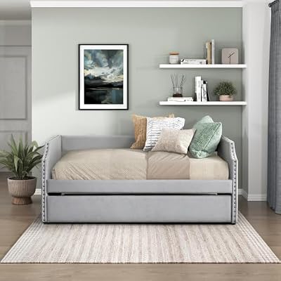 Peanu Daybed with Trundle, Light Gray Textured Fabric Upholstery, Wooden Frame