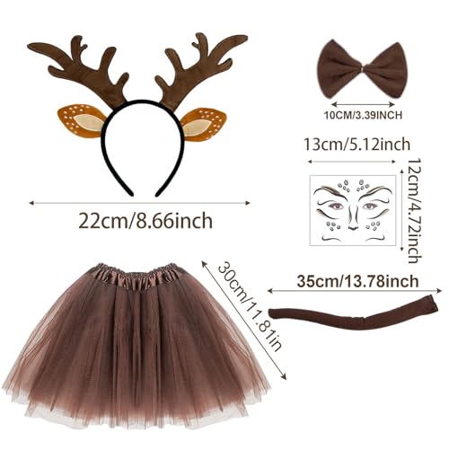 EUPSIIU Reindeer Headband, Deer Face Tattoo, Antler Headband, Reindeer Tail Bow Tie and Kids Tutu Skirt, Women's Costume - Image 2
