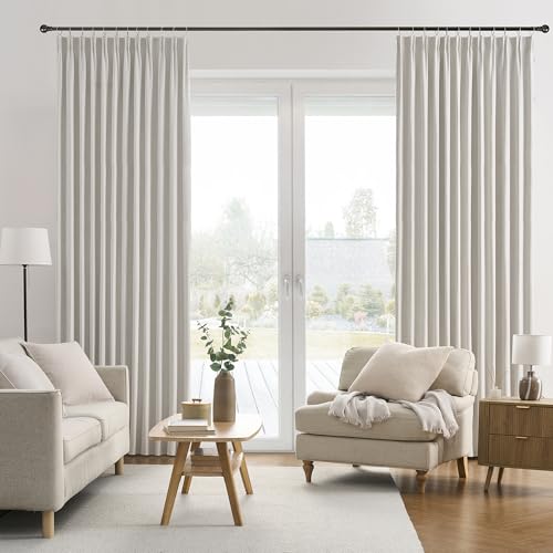144 Inch Blackout Curtains 2 Panels Linen Textured 2 Story Extra Long Noise Reducing Curtains for Large Window Back Tab Pleated Look Rod Pocket with Hooks 50W x 144L 12 Ft Length Natural Birch/Ivory