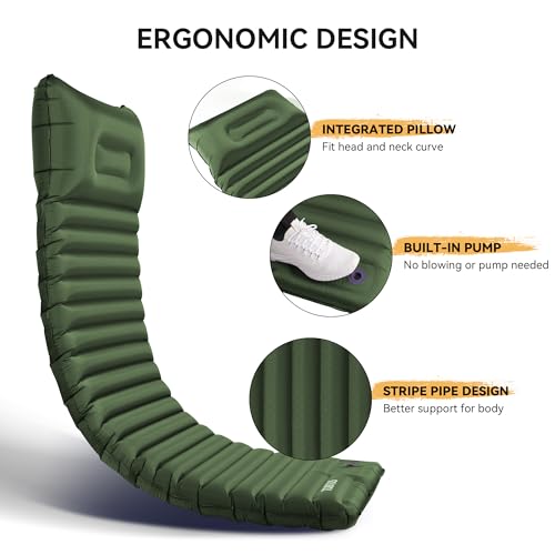 TOBTOS Inflatable Sleeping Pad for Camping with Pillow, 4\" Thick Camping Mat with Built-in Foot Pump, Compact Air Mattress for Camping, Hiking, Backpacking (Green)