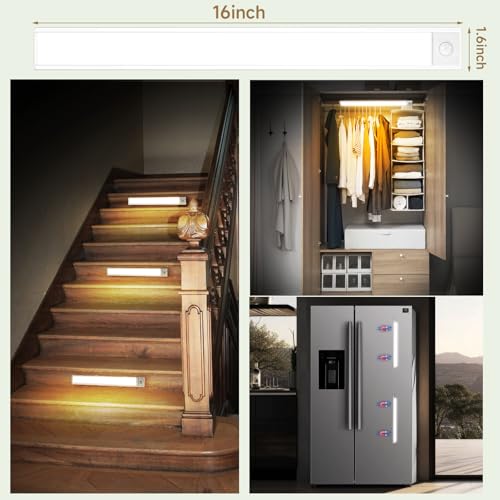 Image of 16 inch Under Cabinet Lighting, 80 LED Rechargeable Battery Motion Sensor Closet Light, 3 Color Temperature Dimmable Wireless Magnetic LED Closet Light for Kitchen, Shelf, Wardrobe, 6 Pack