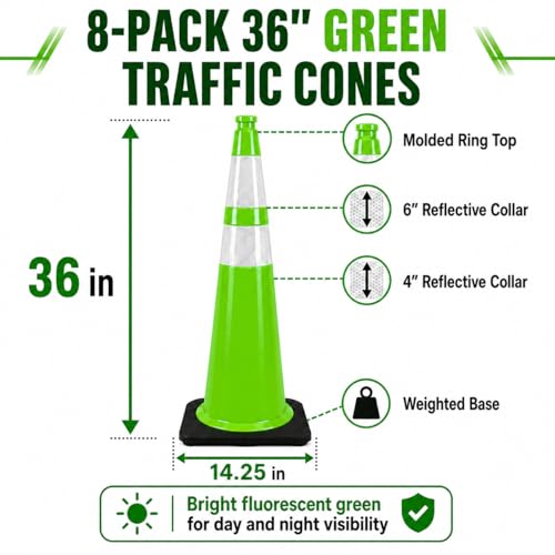 Image of BESEA 8 Pack 36 Inch Green Traffic Cones with Wide Weighted Base