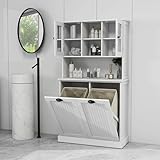 OQSC Tall Tilt-Out Double Doors Laundry Cabinet Hamper, Large Pull Out Laundry Room Storage Cabinets, Bathroom Cabinet with Hidden Laundry Hamper & Glass Doors, White,13 * 2 Gallons