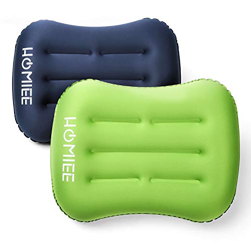 HOMIEE Almohada Inflable, de Espuma Viscoelástica, Almohada Hinchable Portátil para Viaje, Senderismo, Camping, Playa, con Bolsa con Cordón (Z Verde+Azúl)