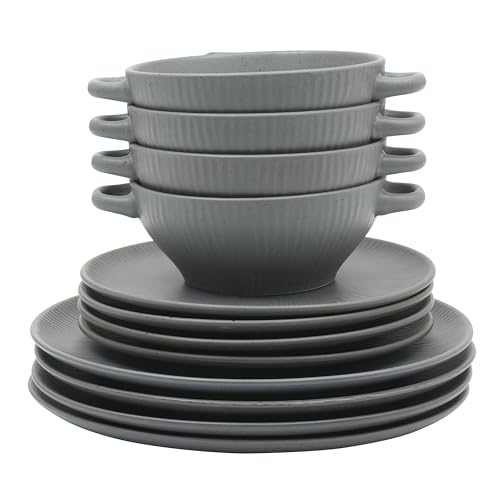 Image of Gibson Elite Clover Hill 12-Piece Stoneware Dinnerware Set - Dark Blue Embossed Plates and Bowls with Matte Speckled Reactive Glaze, Service for 4 - Microwave & Dishwasher Safe